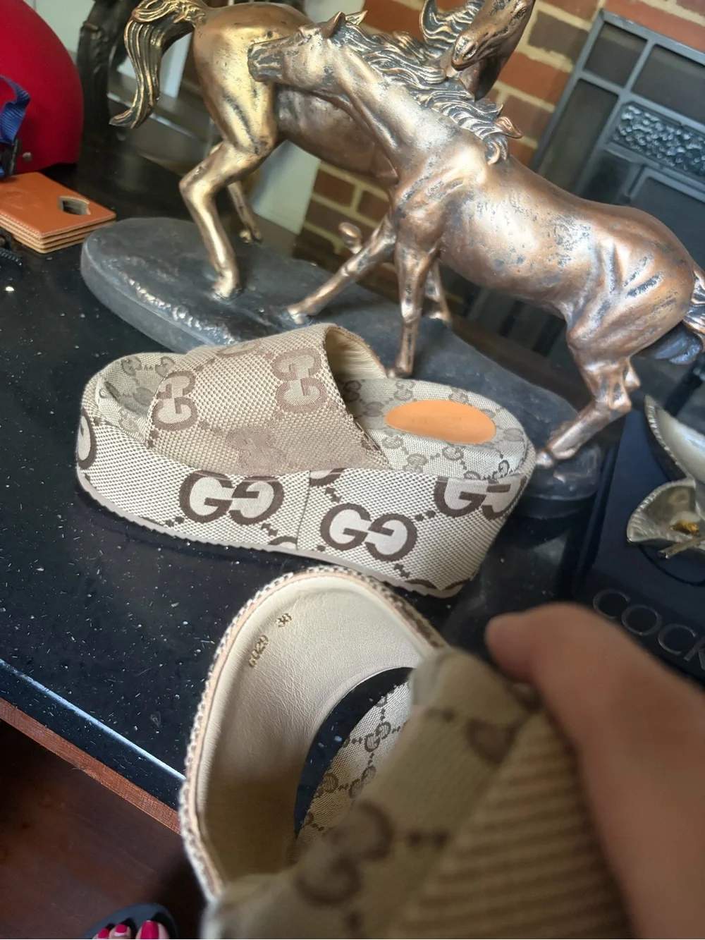 Gucci Brown & Beige Monogram Platform Slides - Picture 4 of 4